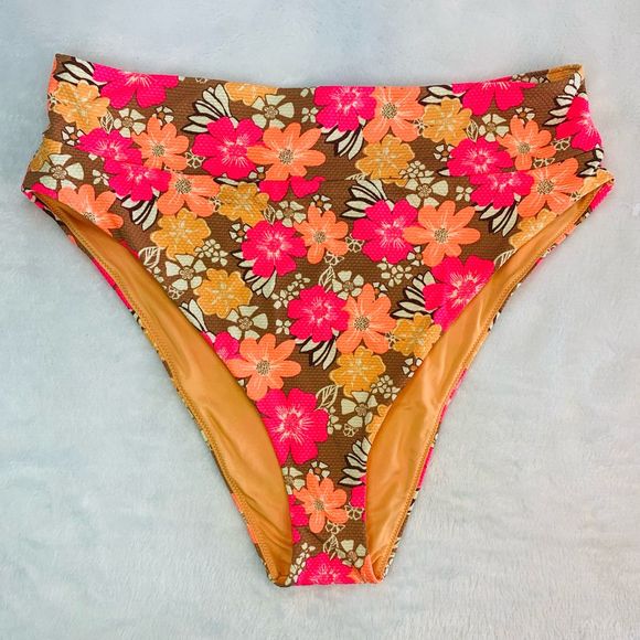 Aerie Neon Orange & Pink Floral High Waist Cheeky Bikini Swim Bottoms - Picture 9 of 9